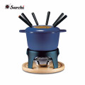 Enameled cast iron Chocolate Fondue Set with wooden tray